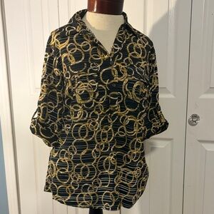 Black & Gold Chain-Print Roll-Sleeve Women's Top XL